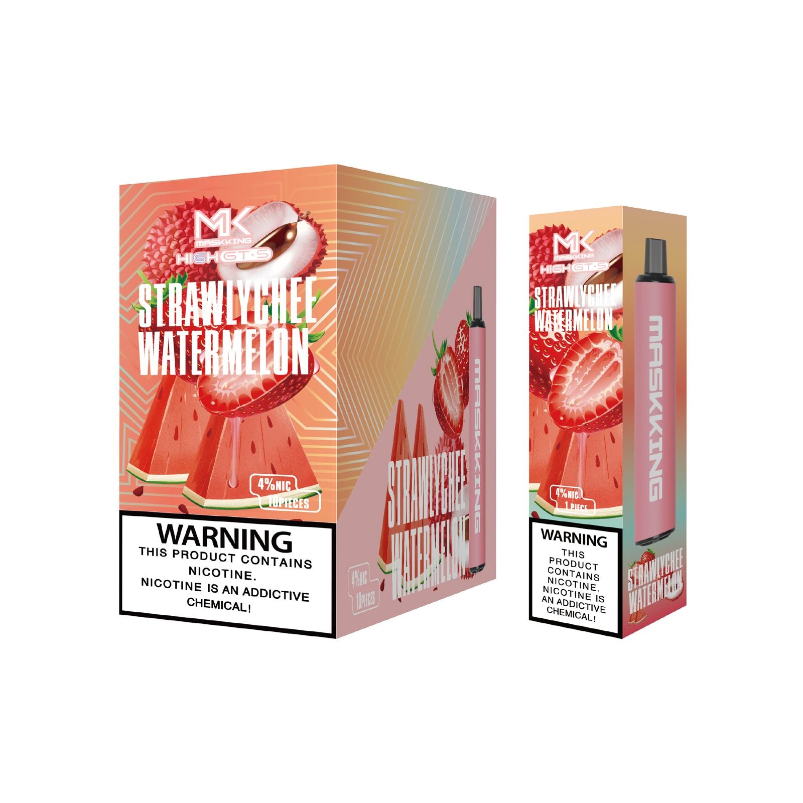Maskking GTS 10 Pack Strawlychee Watermelon vapeador desechable original MK, sabor fresa, lichi y sandía, envío rápido en México.