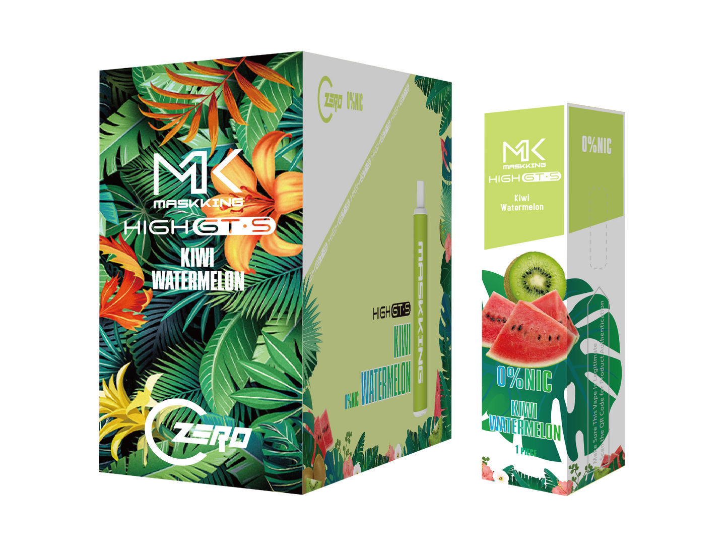 Maskking GTS Zero 10 Pack vape desechable sin nicotina, sabor kiwi con sandía, envío express nacional.