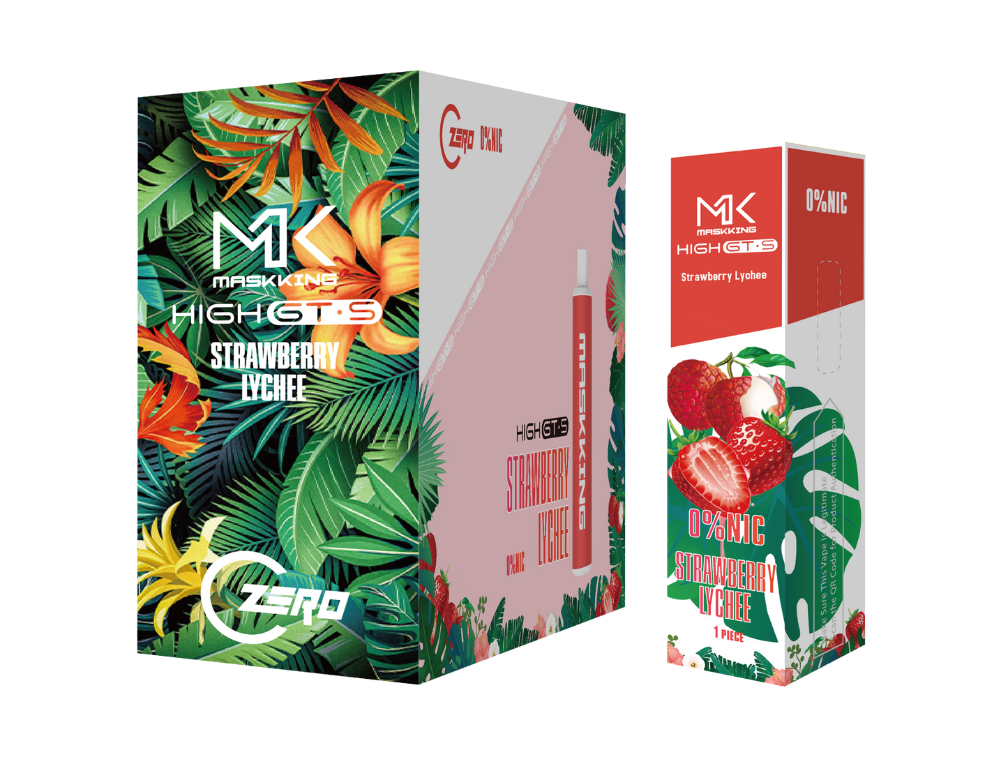 Maskking GTS Zero 10 Pack vape desechable sin nicotina, sabor fresa con lichi, envío rápido en México.
