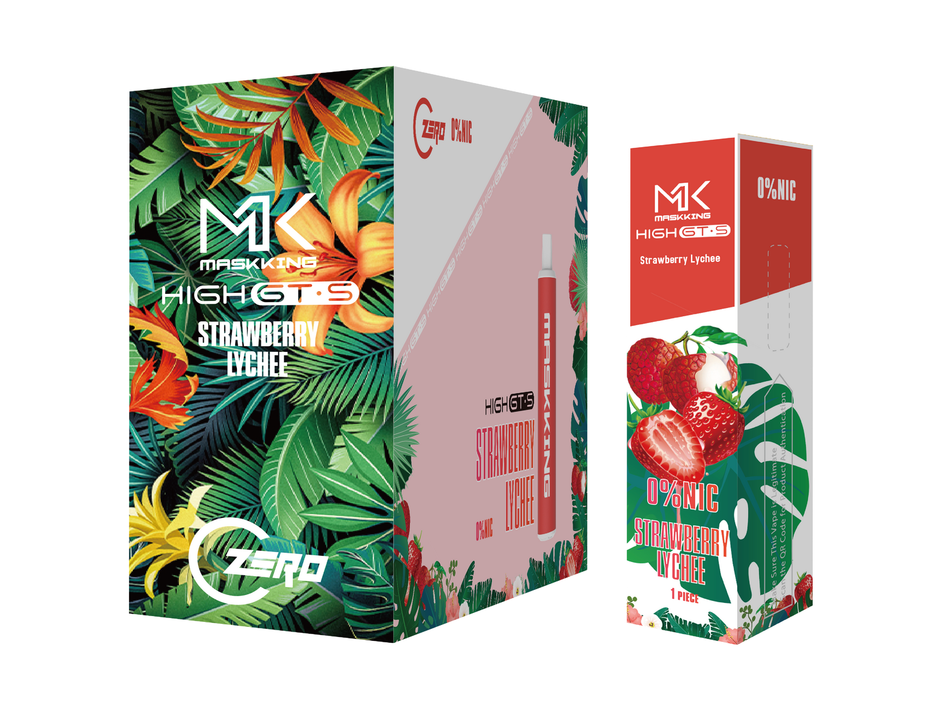 Maskking GTS Zero 10 Pack vape desechable sin nicotina, sabor fresa con lichi, envío rápido en México.