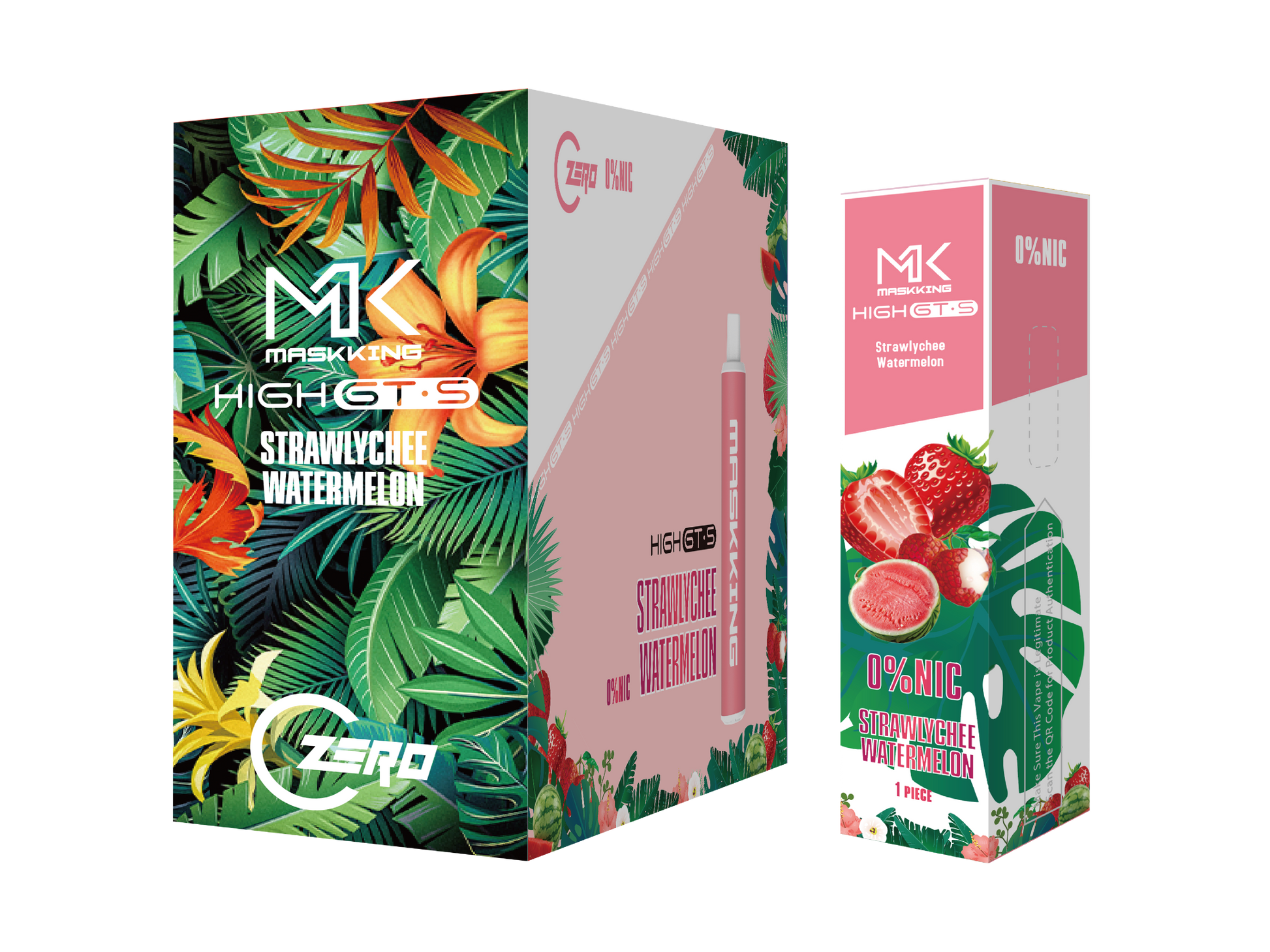 Maskking GTS Zero 10 Pack vape desechable sin nicotina, sabor fresa con lichi y sandía, envío rápido en México.
