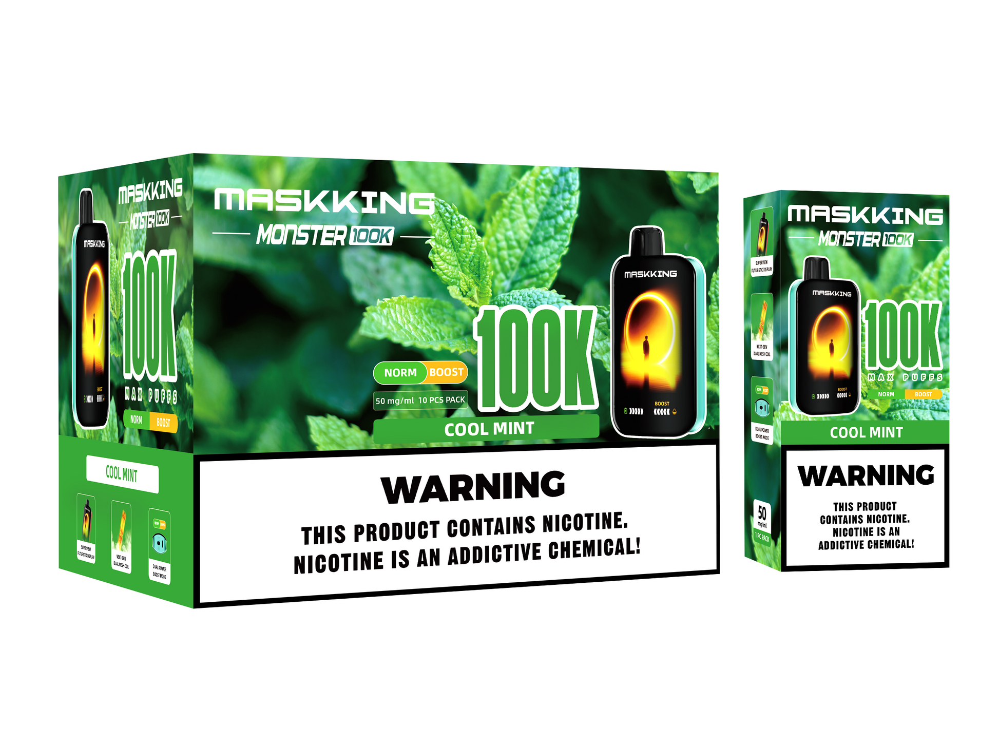 Maskking Monster 10 Pack — Cool Mint — Vape 100,000 caladas con pantalla Maskking México