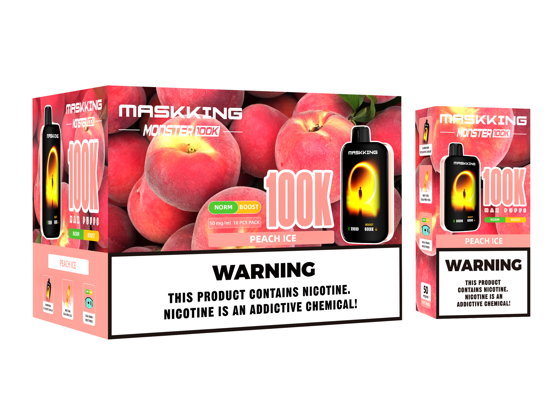 Maskking Monster 10 Pack — Peach Ice — Vape 100,000 caladas con pantalla Maskking México