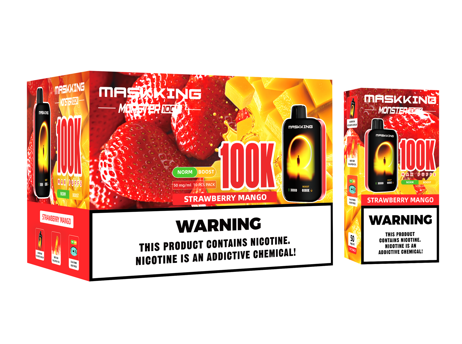 Maskking Monster 10 Pack — Strawberry Mango — Vape 100,000 caladas con pantalla Maskking México