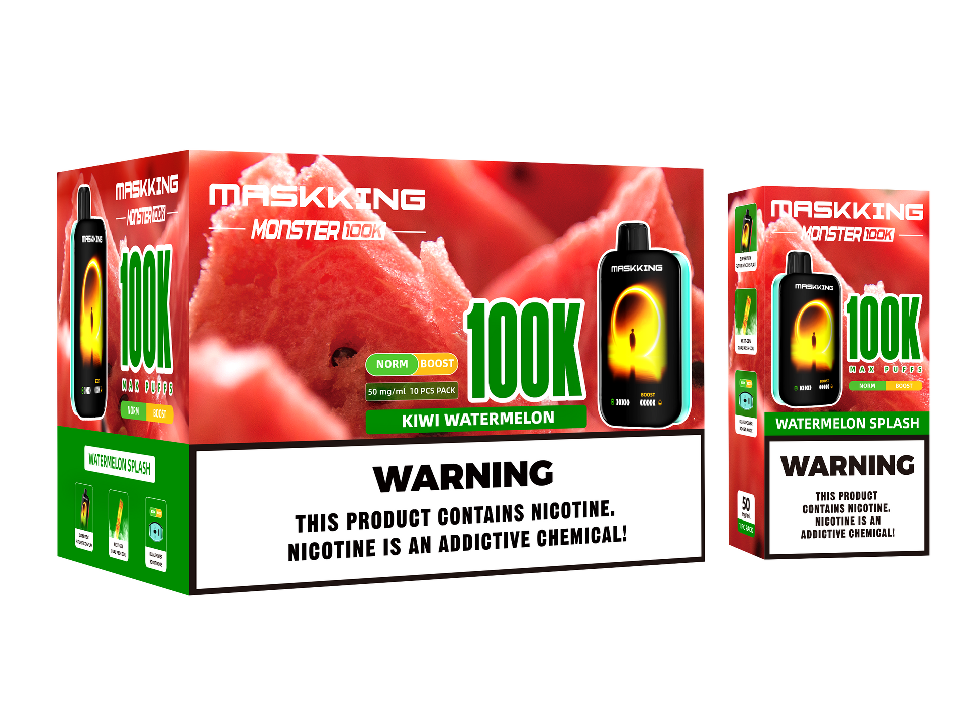 Maskking Monster 10 Pack — Watermelon Splash — Vape 100,000 caladas con pantalla Maskking México